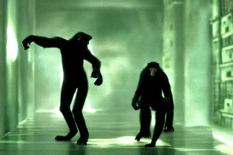 Prompt: a monkey starring as Neo on the matrix (1999), cinematic lighting, movie still