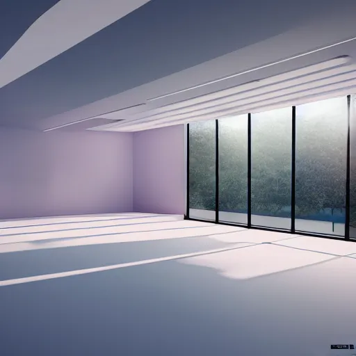 Image similar to a white empty pink office with sun rays looming down, with a pool inside, dynamic lighting, photorealistic concept art, trending on art station, stunning visuals, creative, cinematic, ultra detailed, ray tracing