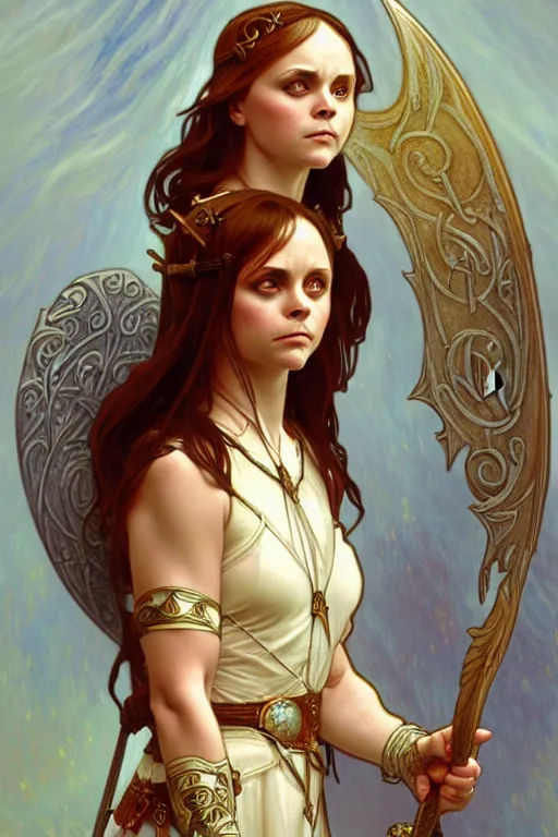 Image similar to Christina Ricci as an Viking warrior angel, fantasy, intricate, elegant, highly detailed, digital painting, artstation, concept art, smooth, sharp focus, illustration, art by alphonse mucha