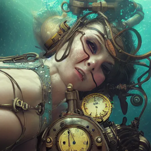 Image similar to underwater steampunk sleeping portrait, hyper detailed, digital art, trending in artstation, cinematic lighting, studio quality, smooth render, unreal engine 5 rendered, octane rendered, art style by klimt and nixeu and ian sprigger and wlop and krenz cushart.