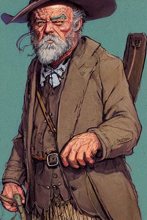 Image similar to vernon. Old rabbit dressed as an old west prospector. concept art by James Gurney and Mœbius.