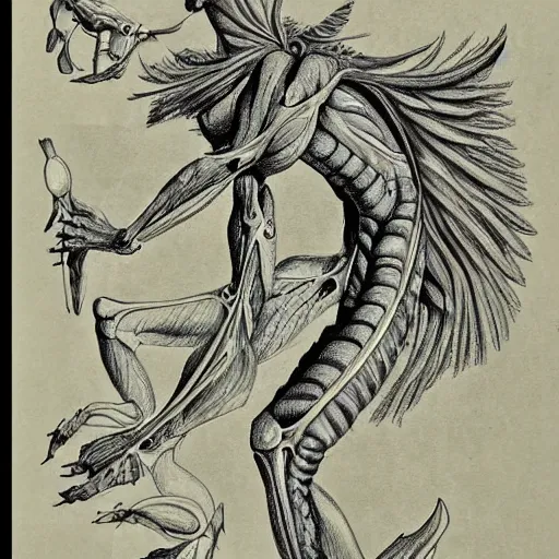 Image similar to anatomical drawing of a mythical creature. highly detailed. science book.