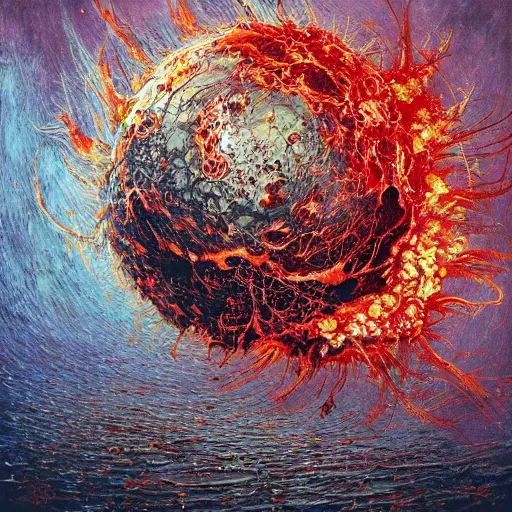 Image similar to a sphere being covered by extremely detailed splatters of abstract paint, engulfed in flames in the style of, pascal blanche, surreal, beksinski, high detailed