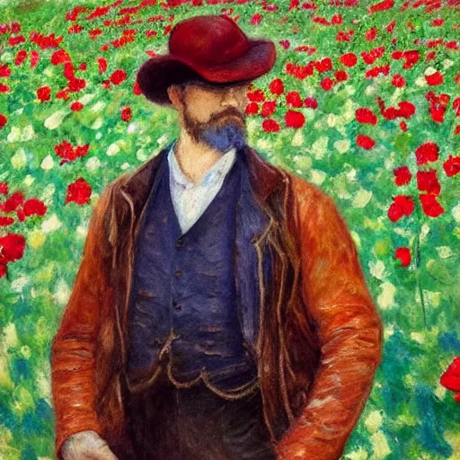 Prompt: an impressionist painting of a tall man with blue eyes and brown hair stands in the middle of a field of red roses. He is wearing a leather wide brim hat and a leather vest. He holds a single red rose in his hand