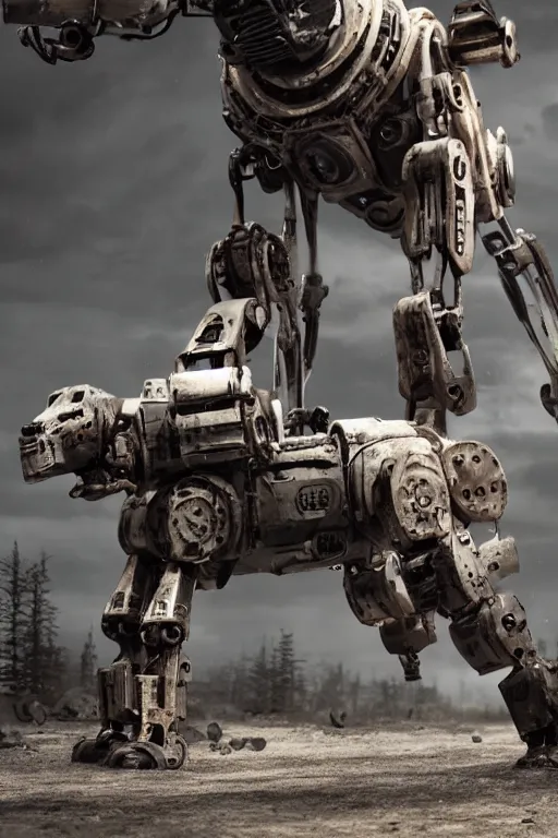 Image similar to A rundown large Dog robot, uncaring, bleak tone, post apocalyptic, Nuttavut Baiphowongse, Mark Armstron, amad, rendered by octane, 8k, ultra 8k, hyper realistic, photorealistic, photo