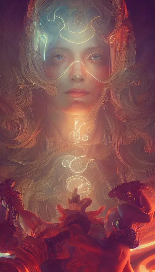 Image similar to sacrifice, neon, fibonacci, sweat drops, insane, intricate, highly detailed, digital painting, artstation, concept art, smooth, sharp focus, illustration, Unreal Engine 5, 8K, art by artgerm and greg rutkowski and alphonse mucha