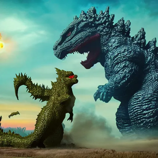 Image similar to Miss Frizzle fighting Godzilla, cinematic lighting, highly detailed