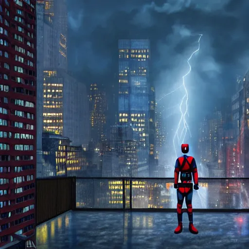 Prompt: Digital painting of New York City with Deadpool on a rooftop during a thunderstorm, wide angle, volumetric light, hyperdetailed, artstation, cgsociety, 8k