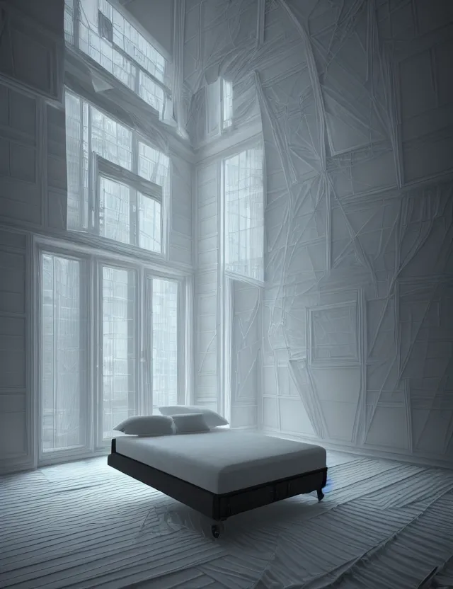 Prompt: dreamlike photo of floating bed above floor in a giant room with bright windows opening to other dimensions by andrzej sykut by lee madgewick, photorealistic, folded geometry, octane render, recursive, high contrast, pretty color, multiverse!!!!!!, labyrinthine, optical illusion, impossible angles