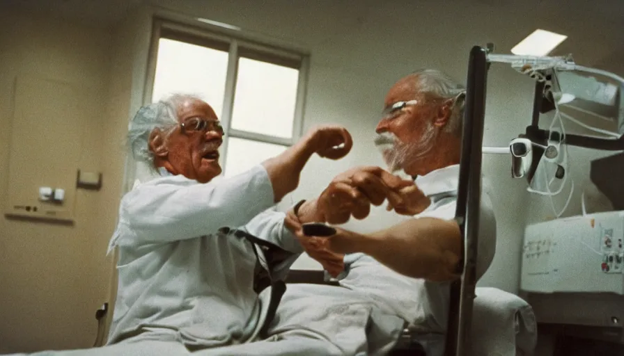 Image similar to 7 0 s movie still of a old man with trypophobia hands in the hospital, cinestill 8 0 0 t 3 5 mm eastmancolor, heavy grain, high quality, high detail