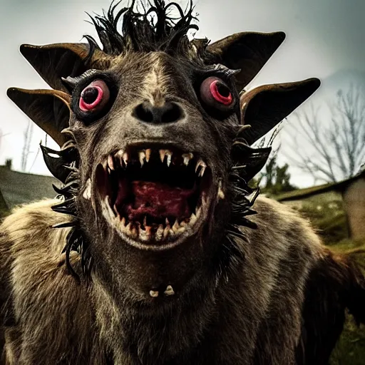 Image similar to horror photography, cinematic, daytime, wide shot, snarling mutant goat monster with a mouth crammed full of sharp teeth and filthy matted fur, village square, terrified villagers