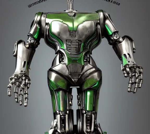 Prompt: h. r. giger esque full front view of a friendly happy emerald ultron from age of ultron fresh of the production line washed clean shiny _ clockwork steampunk, t - 8 0 0, robocop, robot hands