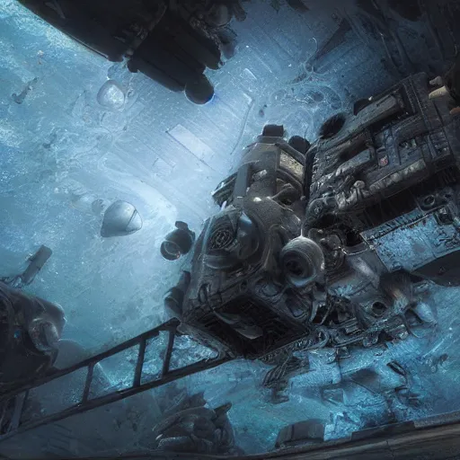 Image similar to concept art by craig mullins astronaut in futuristic dark and empty spaceship underwater. infrared complex and hyperdetailed technical suit. mandelbulb fractal. reflection and dispersion materials. rays and dispersion of light. volumetric light. 5 0 mm, f / 3 2. noise film photo. flash photography. unreal engine 4, octane render. interstellar movie art