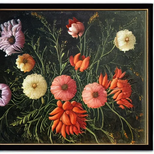 Image similar to oil painting of many various flowers on a dark background, painted by Sandro Botticelli, the flowers are floating and are seen from the side, dark atmosphere, realistic flowers oil painting