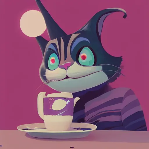 Image similar to cheshire cat drinking tea, in the style of atey ghailan and james gilleard and goro fujita, exquisite lighting, art, very coherent, trending on artstation