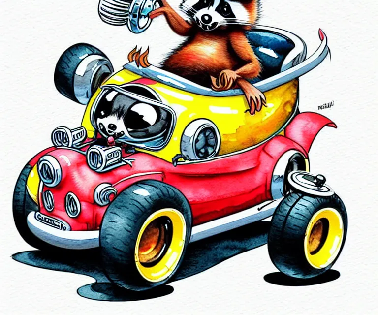 Image similar to cute and funny, racoon wearing a helmet riding in a tiny hot rod coupe with oversized engine, ratfink style by ed roth, centered award winning watercolor pen illustration, isometric illustration by chihiro iwasaki, edited by range murata