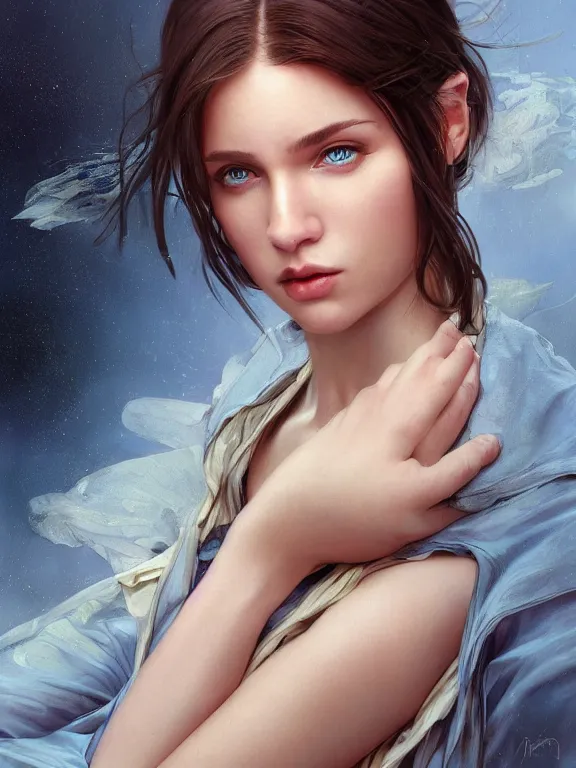 Image similar to hyperdetailed photo of a beautiful ukrainian girl with brown eyes and dark bob hairstyle, winds of winter, au naturel, blue eyes, cinematic lighting, studio quality, smooth render, smooth, sharp focus, illustration, art by artgerm and greg rutkowski and alphonse mucha and ian sprigger and wlop and krenz cushart