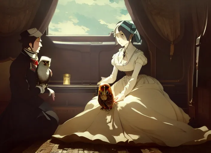 Image similar to victorian britain 1 8 3 5, florence nightingale travelling in a carriage with her pet owl in the pocket of her apron gapmoe yandere grimdark, trending on pixiv fanbox, painted by greg rutkowski makoto shinkai takashi takeuchi studio ghibli