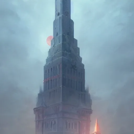 Prompt: A beautiful painting of a tower made out of marble reaching towards the sky, magical energy, surrounded by mist, big red moon in the background, detailed, by Greg Rutkowski, trending on artstation