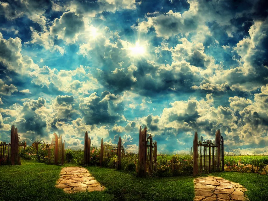 Prompt: heaven gates in the sky opened to a holy heaven world, puffy clouds, joy, happy, holly, purified, 8 k, realistic, holy lights, cinematic, eerie, fantasy, sharp focus, vivid colors, saturated
