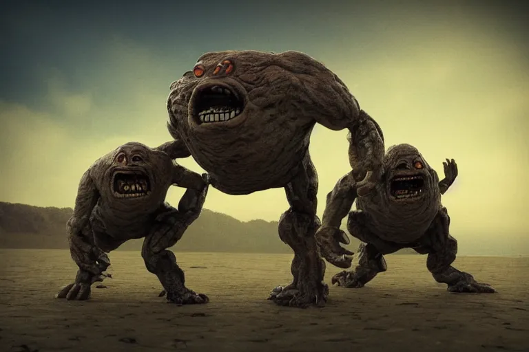 Image similar to photo, two old men!, two hairy fat ugly fight aliens 4 0 1 2 7 on a beach, highly detailed, scary, intricate details, volumetric lighting, front view
