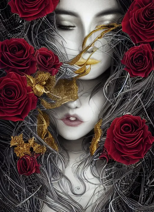 Image similar to silver and golden elements at frame borders, portrait, A beautiful dark witch in front of the full big moon, book cover, red roses, red white black colors, establishing shot, extremly high detail, foto realistic, cinematic lighting, pen and ink, intricate line drawings, by Yoshitaka Amano, Ruan Jia, Kentaro Miura, Artgerm, post processed, concept art, artstation, matte painting, style by eddie, raphael lacoste, alex ross