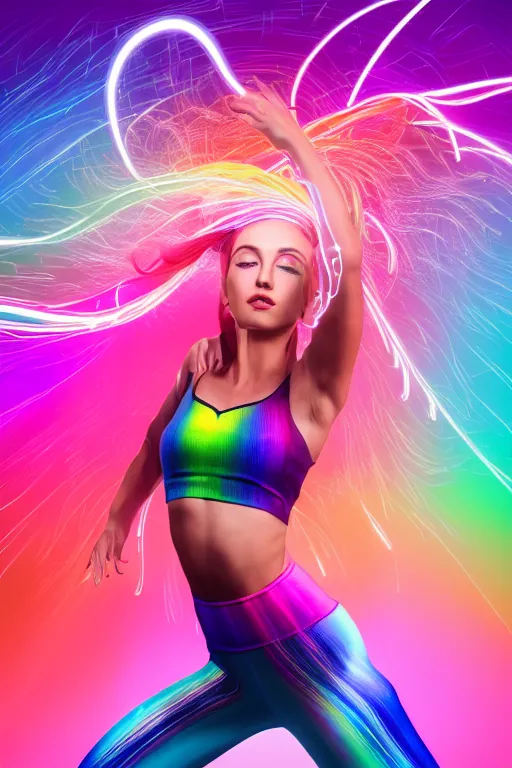 Image similar to a award winning half body portrait of a beautiful woman with stunning eyes in a croptop and leggings with reinbow colored ombre hairstyle head in motion and hair flying while dancing by thomas danthony, surrounded by whirling illuminated lines, outrun, vaporware, shaded flat illustration, digital art, trending on artstation, highly detailed, fine detail, intricate