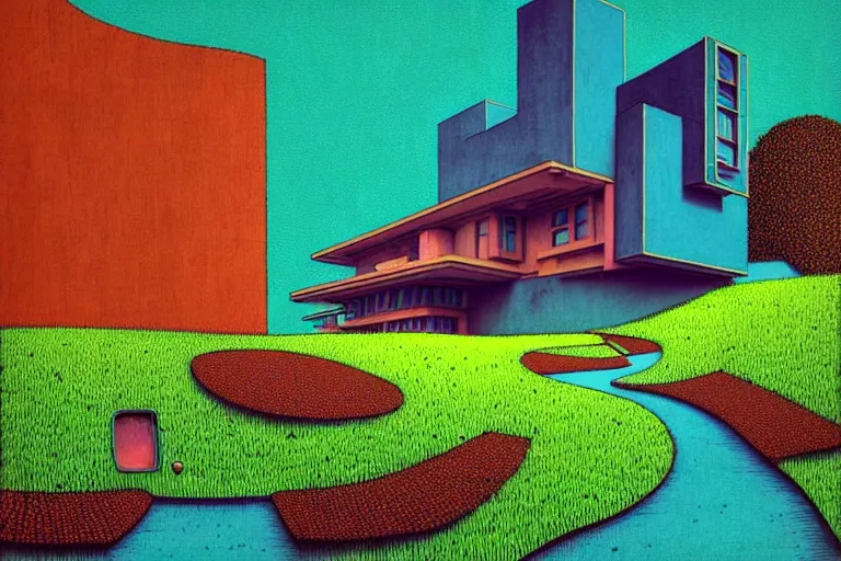 Prompt: surreal glimpse into other universe, house by frank lloyd wright, summer morning, very coherent and colorful high contrast, art by!!!! gediminas pranckevicius!!!!, geof darrow, floralpunk screen printing woodblock, dark shadows, hard lighting, stipple brush technique,