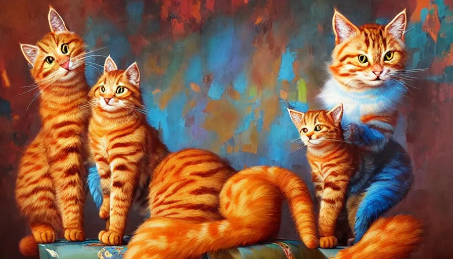 Image similar to highly detailed contemporary acrylic painting of really tall sitting cats by justin gerard, thick brush strokes and visible paint layers, vivid multicolor scheme