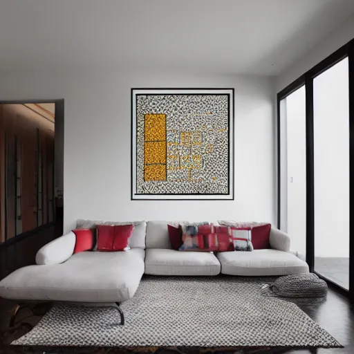 Prompt: architectural drawing, contemporary living room, angular geometric alignment, architectural photography by hilda af klimt