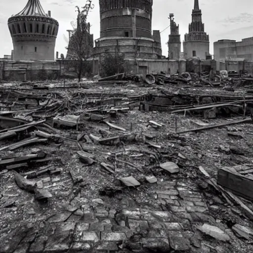 Image similar to ruins of moscow post - apocalypse, photorealistic