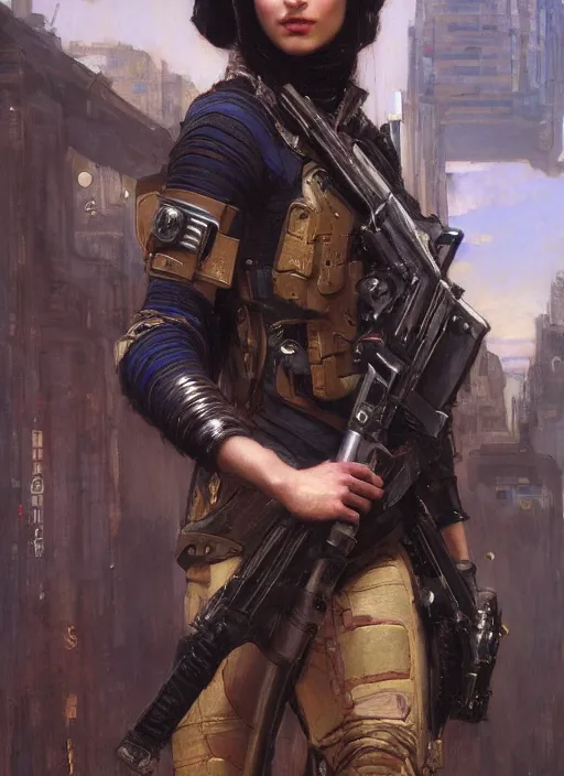 Image similar to beautiful cyberpunk mercenary in tactical gear. Iranian orientalist portrait by john william waterhouse and Edwin Longsden Long and Theodore Ralli and Nasreddine Dinet, oil on canvas. Cinematic, hyper realism, dramatic lighting, high detail 4k