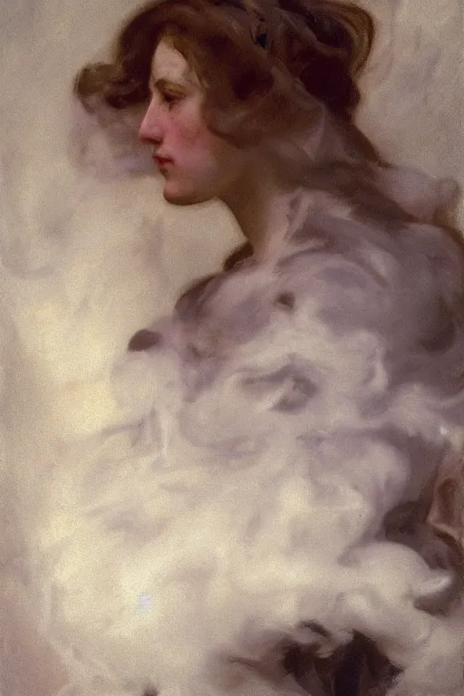 Image similar to 4k Detailed portrait by John Singer Sargent of A woman shrouded in a cloud of smoke