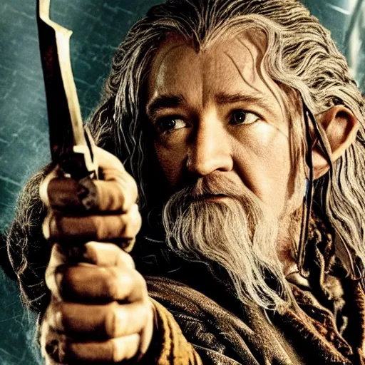 Image similar to scene from the Hobbit Desolation of Smaug, Bilbo has a mauser pistol