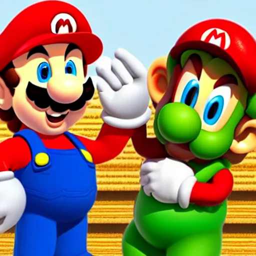 Prompt: Mario and Luigi eating spaghetti