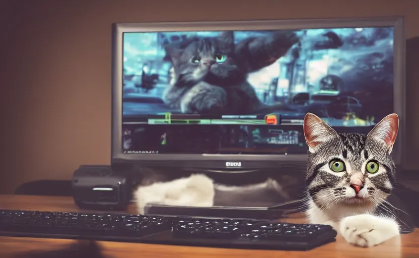 Image similar to a cat using a gaming computer, realistic