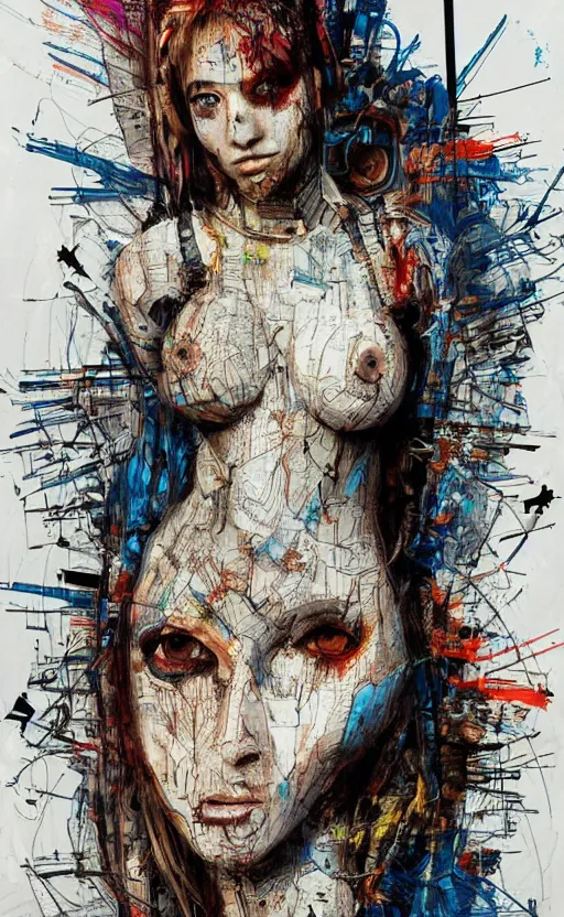 Prompt: beautiful girl made of mech mask rendered in unreal engine, cyberpunk, full body, rave, scifi, painted by albrecht durer | bernard buffet | carne griffiths | wlop