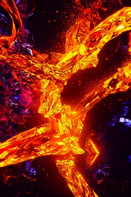 Image similar to A single elemental fire crystal glowing with power, Alone, Surrounded by darkness, concept art, illustration, burning hot and covered in flowing fluid art. Magic Stone. Ruby Stone. Liquid Gold. Crystal structure. Glowing Hot. Spirals. Melting. Intricate. Hyper Real. 4K. Octane Render. Empty Background. Black Background.