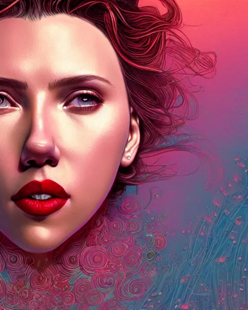 Image similar to highly detailed vfx portrait of scarlett johansson, red lipstick, global illumination, detailed and intricate environment by james jean and victo ngai and tristan eaton