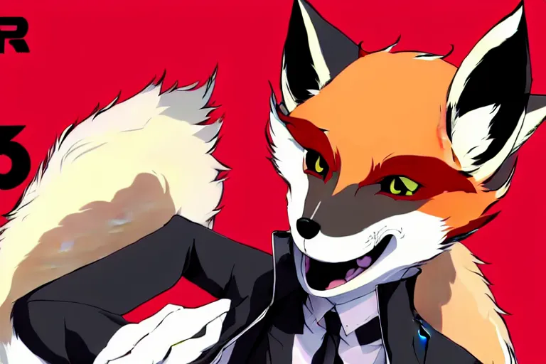 Image similar to a furry tan male fox on a persona 5 : royal ( by atlus ) video game splash screen, a furry male sandcolored tan fox fursona ( has hair ), persona 5 phantom thief style