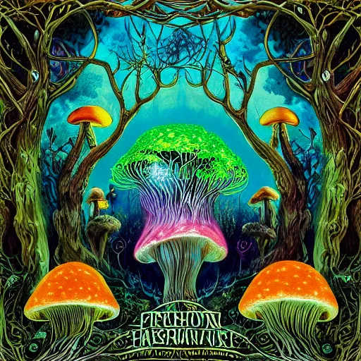 Prompt: psychedelic fantasy forest with glowing mushrooms and eerie trees in the style of Ernst Haeckel and Daniel Merriam, perfect award winning album art