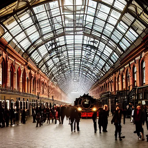 Image similar to A beautiful historical interior of Amsterdam central station with steam locomotives leaving the station, blinding backlight sunset, hyper real highly detailed