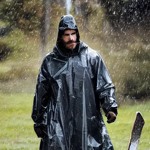 Image similar to christian bale in a clear rain coat holding an axe hd