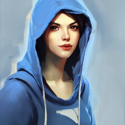 Image similar to greg manchess portrait painting of a beautiful girl wearing a blue hoodie as overwatch character, medium shot, asymmetrical, profile picture, organic painting, matte painting, bold shapes, hard edges, street art, trending on artstation, by huang guangjian and gil elvgren and sachin teng and wlop and rossdraws and greg rutkowski