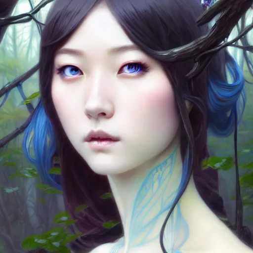 Image similar to Portrait of female japanese idol, D&D, blue eyes, face, fantasy, intricate, elegant, highly detailed, digital painting, artstation, concept art, smooth, sharp focus, illustration, forest on background, art by artgerm and greg rutkowski and alphonse mucha