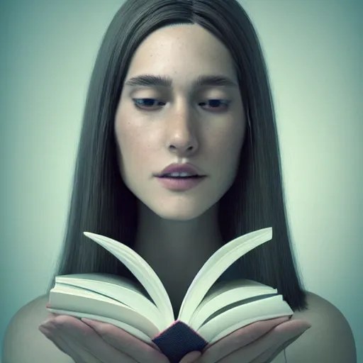 Image similar to a girl reading a book, her hair flowing down, symmetric!!, anatomically correct, concept style, trending on artstation, concept art, detailed, octane render, cinematic, photo-realistic, 8k, high detailed