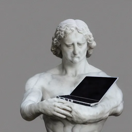 Prompt: a marble statue frustrated with a laptop