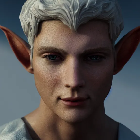 Image similar to a portrait of a glowing enchanted hard angelic heavenly male elf made of stone in heaven, fantasy, octane render, unreal engine, artstation, digital painting.
