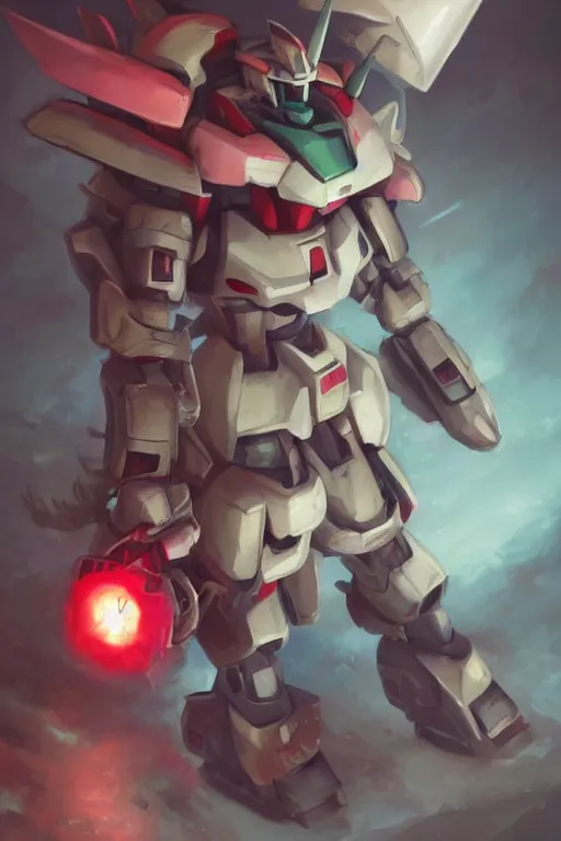 Prompt: cute anthropomorphic Gundam, Gundam eating a wipe red watermelon, tiny, small, miniature Gundam, baby Robot, short, pale blue armor, cute and adorable, pretty, beautiful, DnD character art portrait, matte fantasy painting, cgsociety Artstation, by Jason Felix by Steve Argyle by Tyler Jacobson by Peter Mohrbacher, cinematic lighting