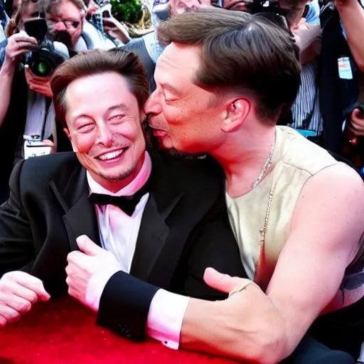 Image similar to snoop dogg french kissing elon musk on the mouth with using a long tongue, in front of paparazzi on the red carpet, 8 k, photo, award winning,